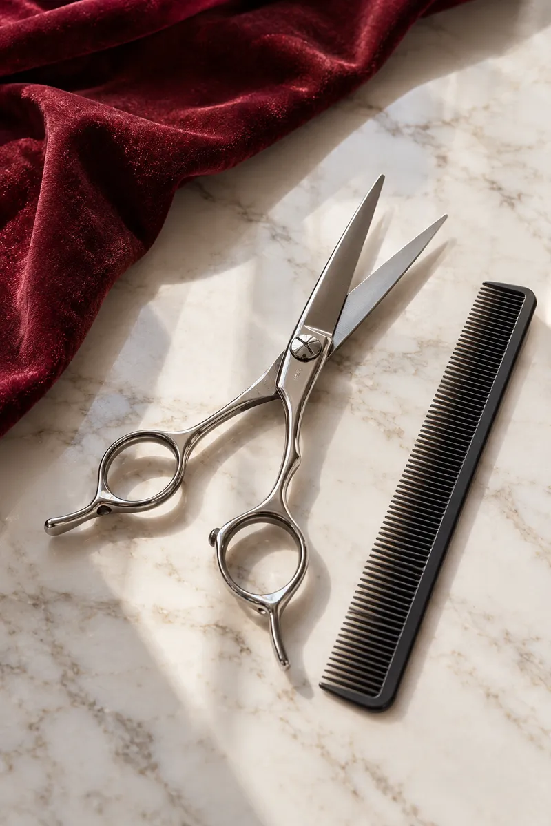Hairdressing shears and comb on marble