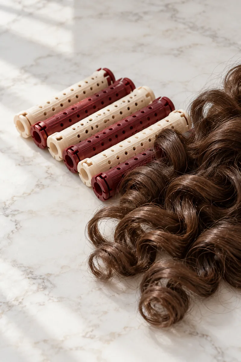 Perm rods beside curled hair